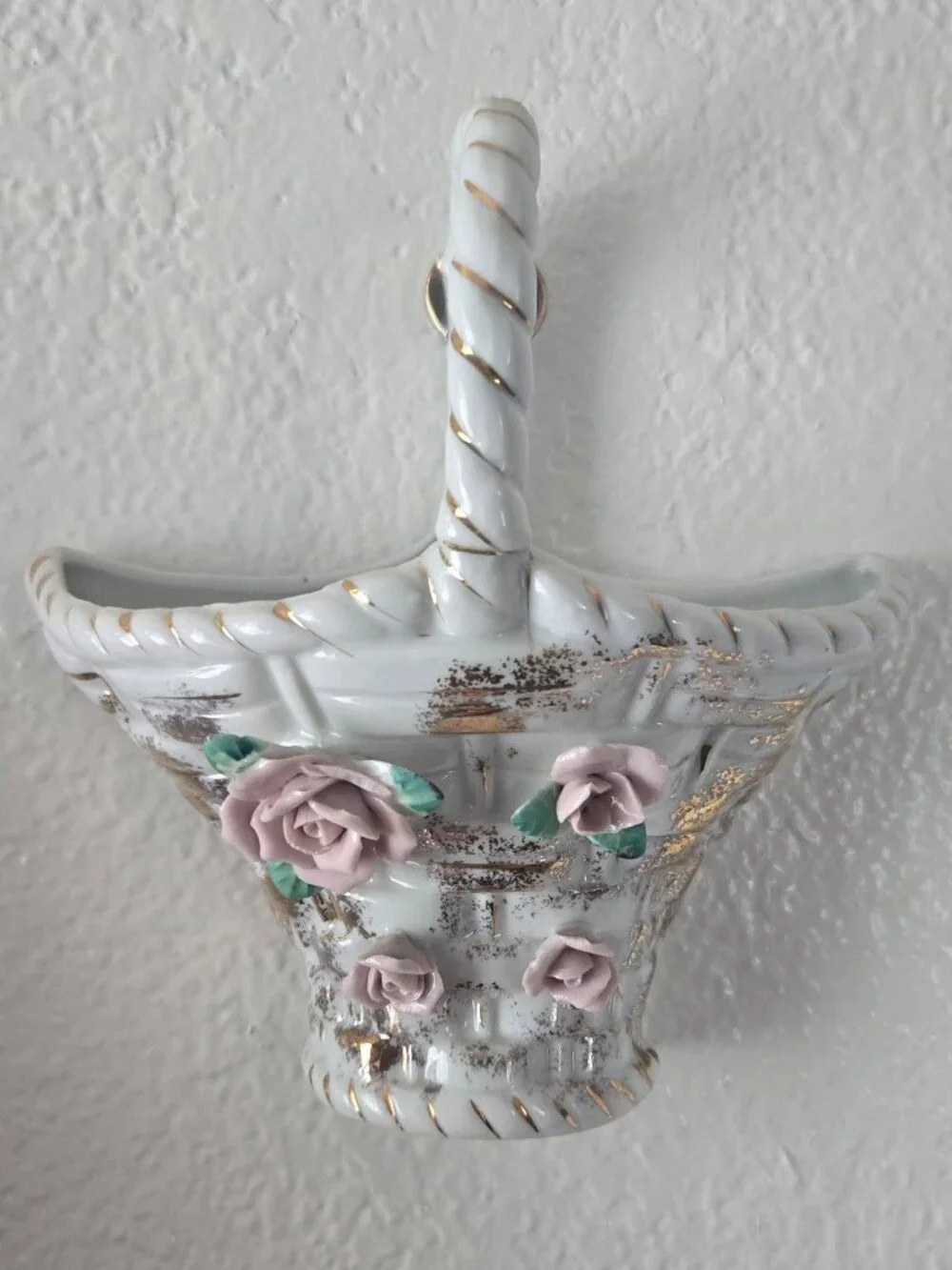 Vintage German Porcelain Wall Pocket Basket w/ Gold Gilt